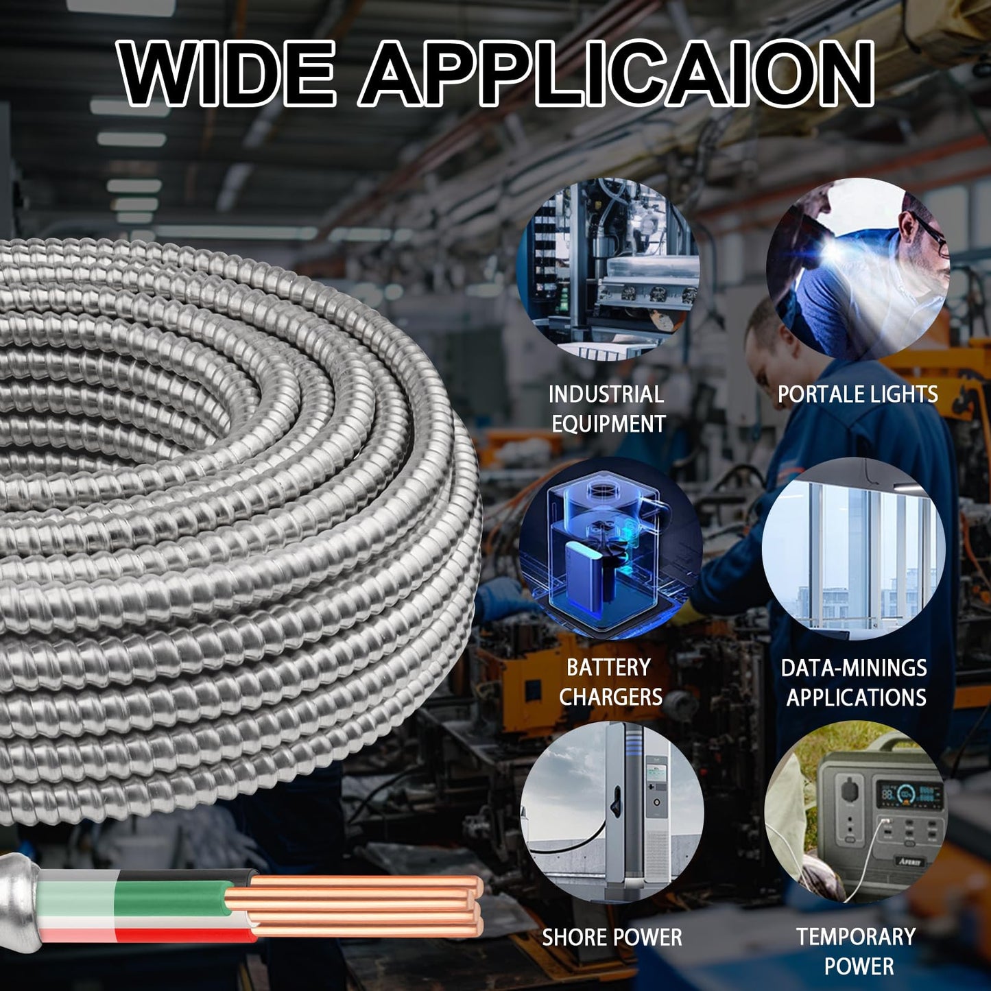 10/3 Metal Clad (MC) Cable with Ground 75ft, 10 Gauge Electric Wire with Aluminum Armor, Solid Bare Copper Conductors for Indoor Outdoor Underground Embedded Installation (10/3, 75 ft)