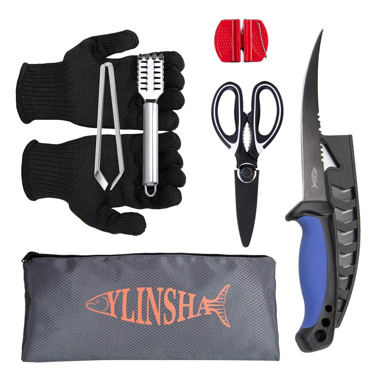 YLINSHA Fishing Knife, Fish Cleaning Kit 7 PC Set with Fish Knife, Fish Scale Cleaning Brush, Multi-Functional Scissors, Anti-Cutting Gloves, Fishbone Tweezers, Storage Bag