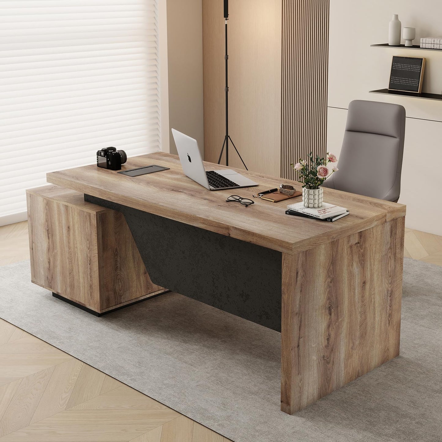 GT BLACK TURNSTONE Large Executive Desk 62.99" or 70.87", Modern Home Office Desk with 2 Drawers & Cable Management, Dual-Size Design Adapts to Any Layout for Home or Business (TH-X, Right)