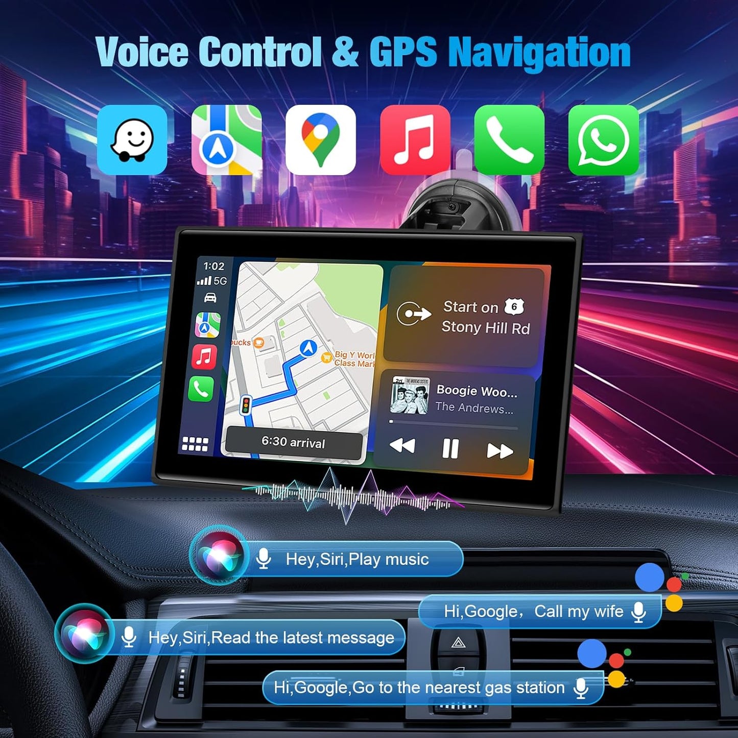 BOAODIFSH 7" Portable Wireless CarPlay Screen for Car Apple CarPlay & Android Auto, HD Touch Screen Car Stereo