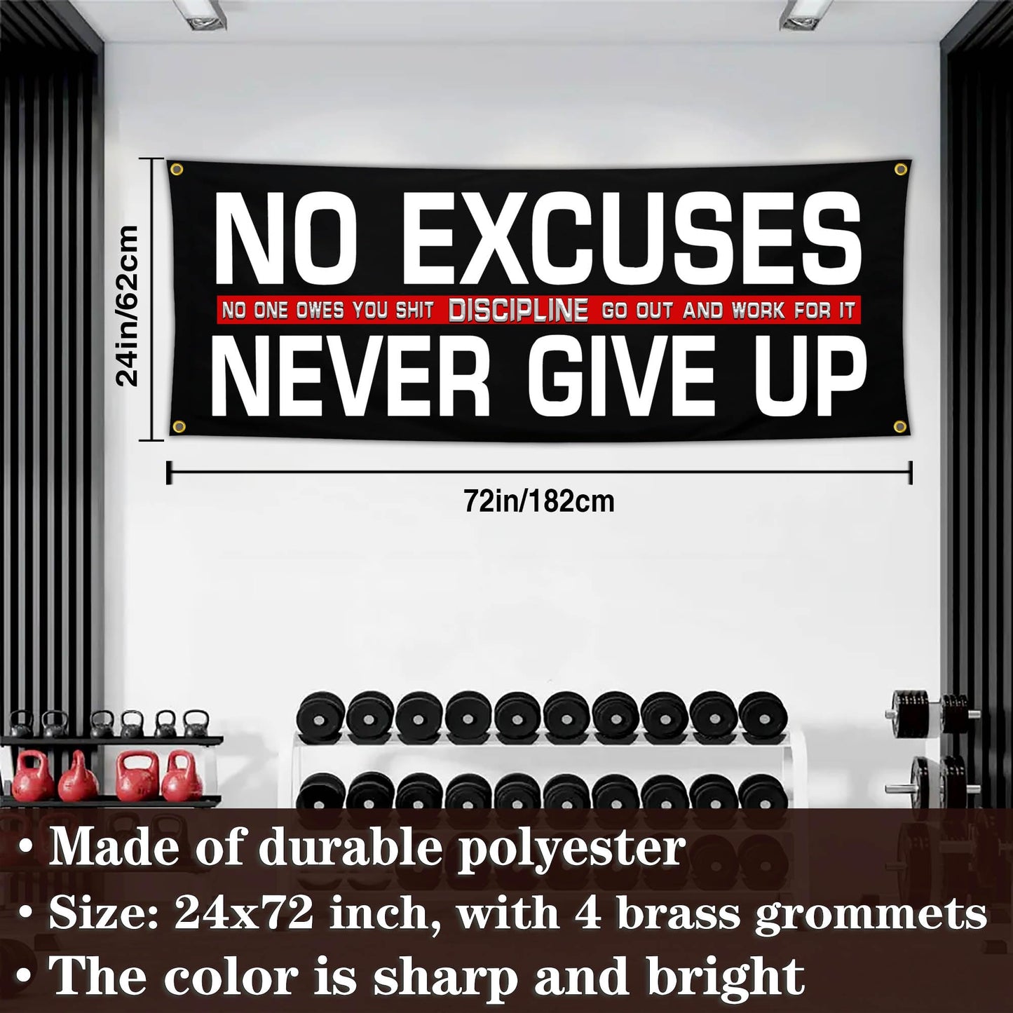 Bomtas Motivational Gym Posters Banners Flags for Home Gym Room Guys Office Bedroom No Excuses Never Give Up Inspirational Flag Banner 24x72 Inch Motivation Wall Art Decor
