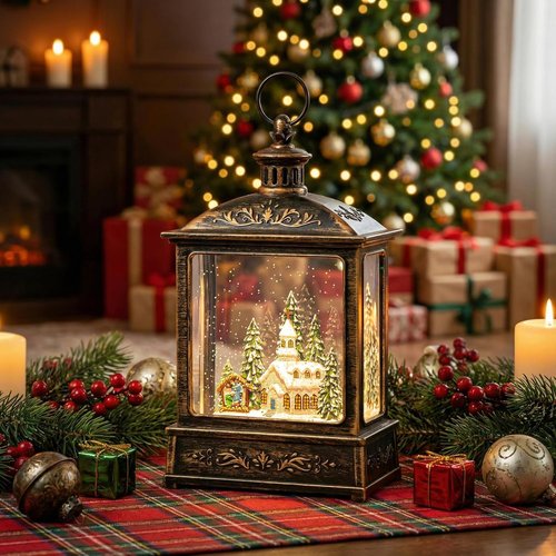 Musical Snow Globe Lantern by [Brand Name] - Lighted Church with Nativity Scene | Glittering Christmas Decoration, Battery or USB Powered