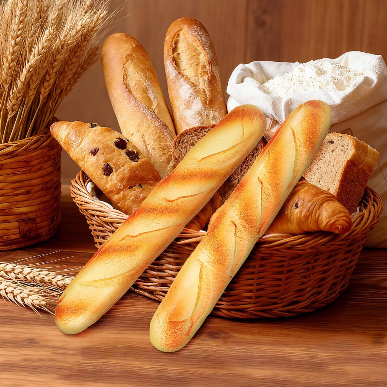2PCS 13.6" Homoyoyo Realistic Fake Bread Long Artificial French Bread Loaves Soft Squishy PU Golden Color - Fake Food