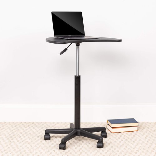 Flash Furniture Eve Sit to Stand Mobile Laptop Desk/Speaker's Lectern with Wheels, Modern Height-Adjustable Portable Standing Computer Desk, Black