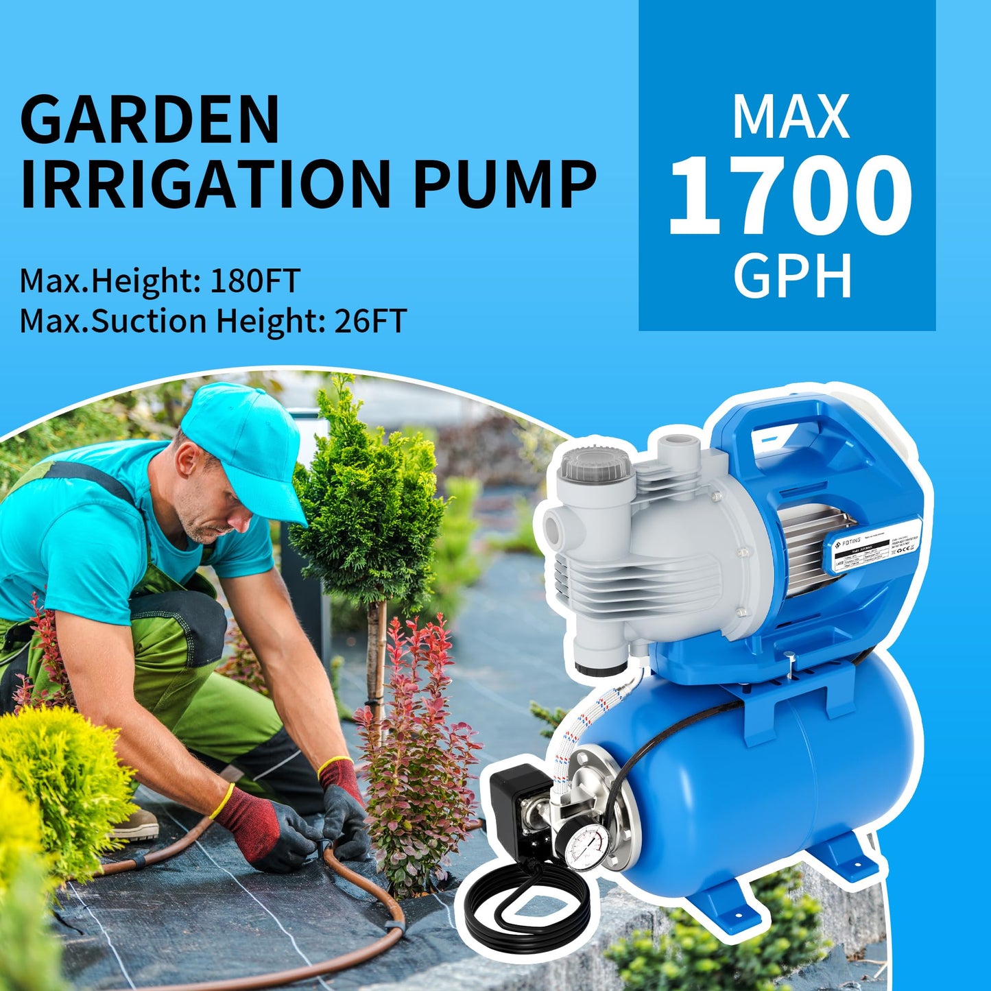 FOTING 1.6HP Shallow Well Pump with Pressure Tank, 1700GPH Automatic Irrigation Water Booster Jet Pump, Water Pumps Booster System 180FT for Home Garden Lawn Farm, Blue