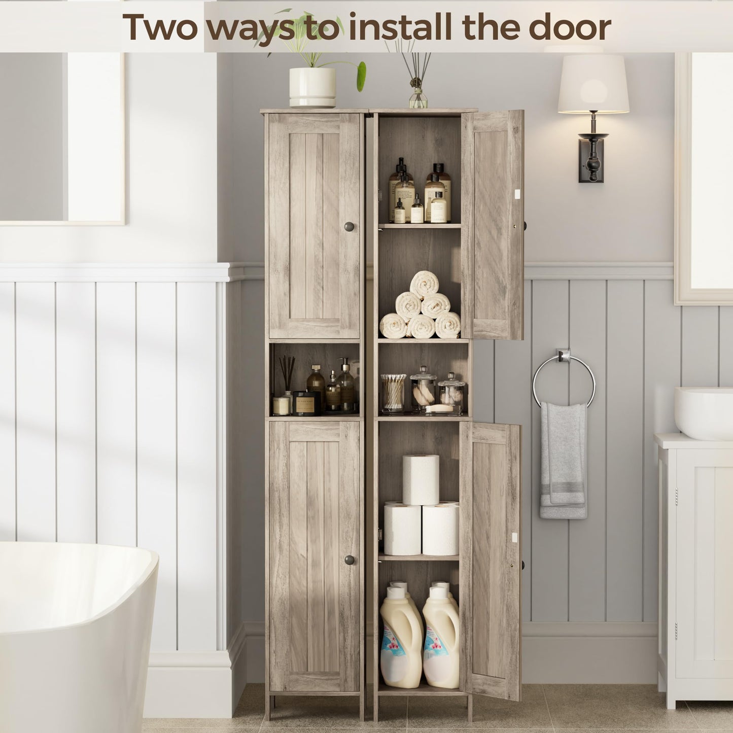 Homleke Tall Bathroom Storage Cabinet with 2 Doors, 67"H Narrow Storage Cabinet with Adjustable Shelves& Anti-Tip Design, Reversible Door Installation, Easy Assembly, 11.8 x 11.8 x 66.9 Inches, Greige