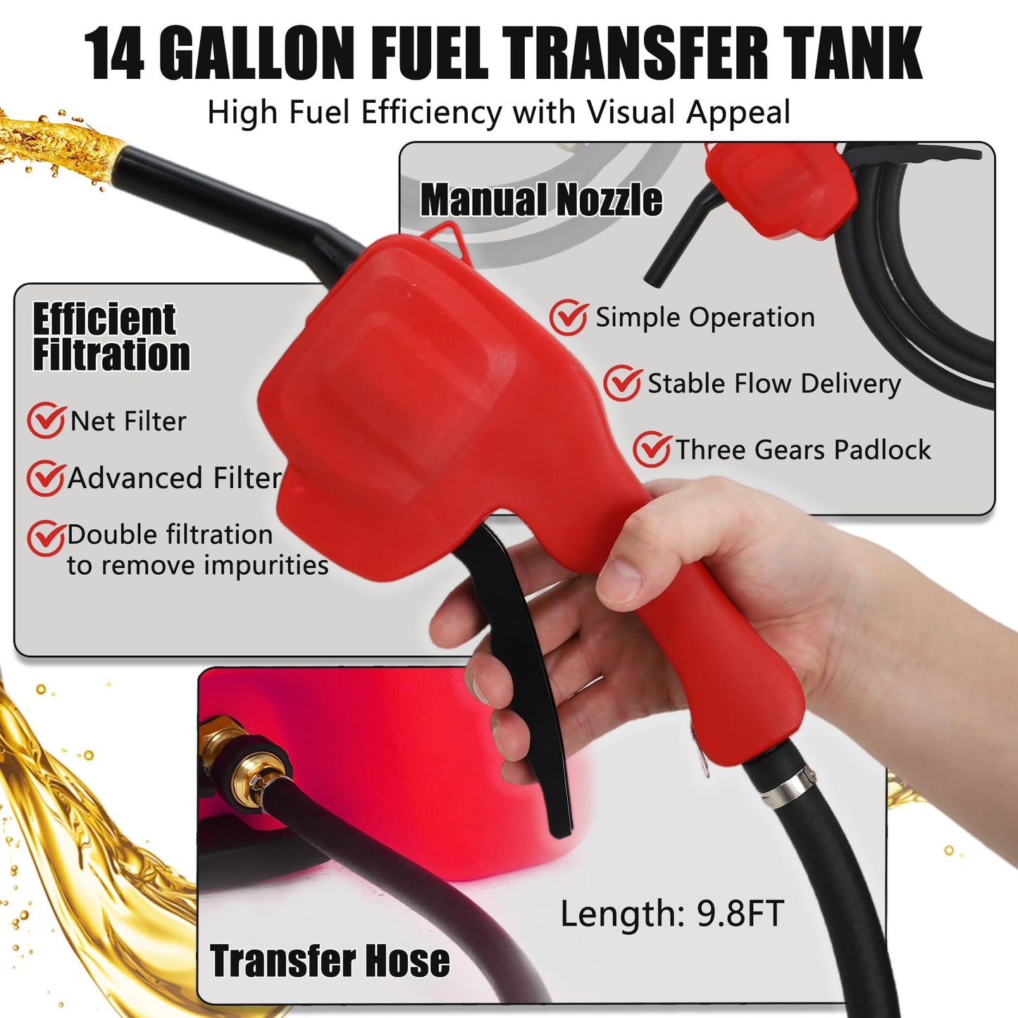 14 Gallon Portable Fuel Caddy with Wheels, Gasoline & Diesel Storage Tank, Heavy-Duty Fuel Transfer Tank with 10FT Rubber Hose, Manual Siphon Pump, Dual Shut-Off Valves, Gas Can for Cars, ATV, Boat, Lawn Equipment
