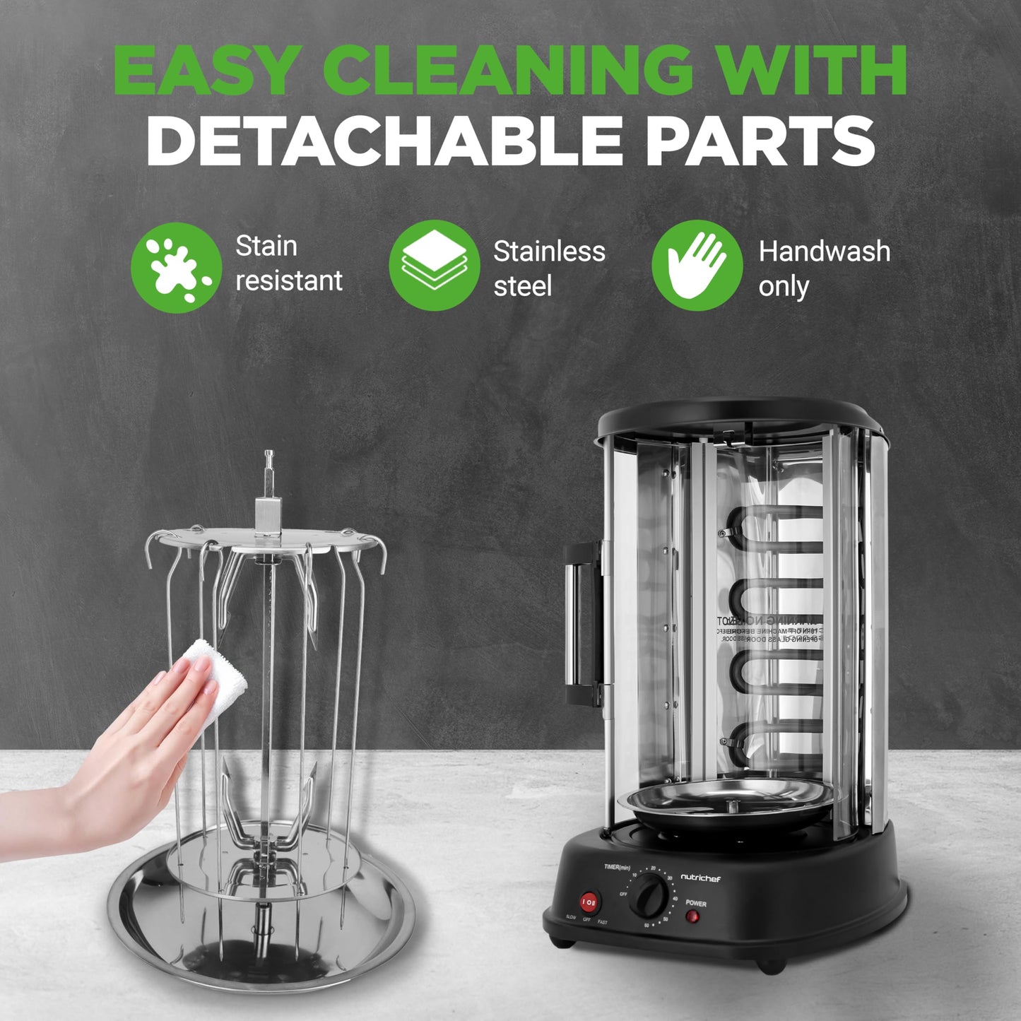 NutriChef Countertop Vertical Rotating Oven - Rotisserie Shawarma Machine, Kebob Machine, Stain & Heat Resistant Door & Energy Efficient, Includes Kebob Rack with 7 Skewers (PKRTVG34)