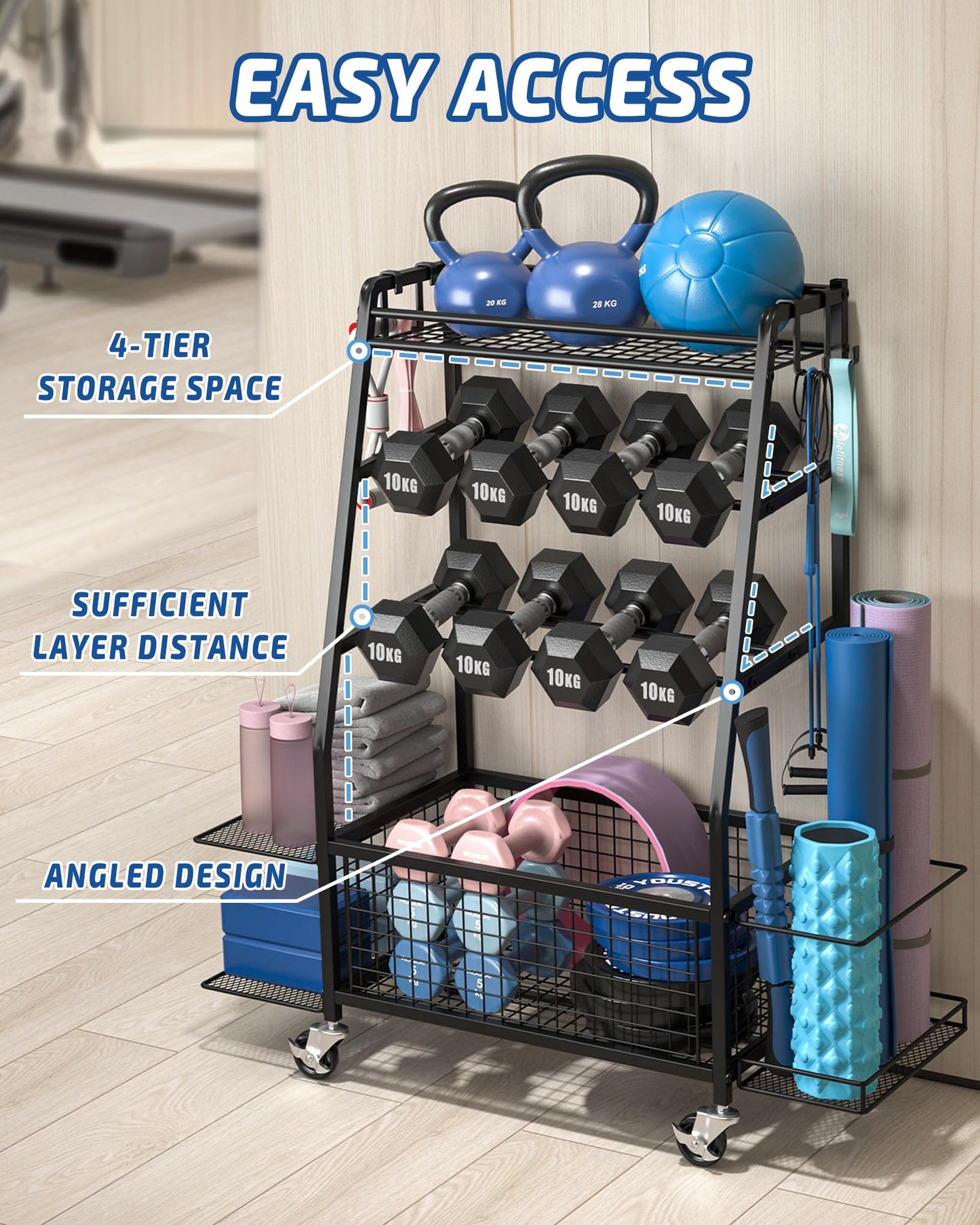 Staransun Staransun Dumbbell Rack Stand - Weight Rack for Dumbbells - Home Gym Storage Rack with 4 Flexible Wheels - Weight Rack for Home Gym with Side Storage and Hooks