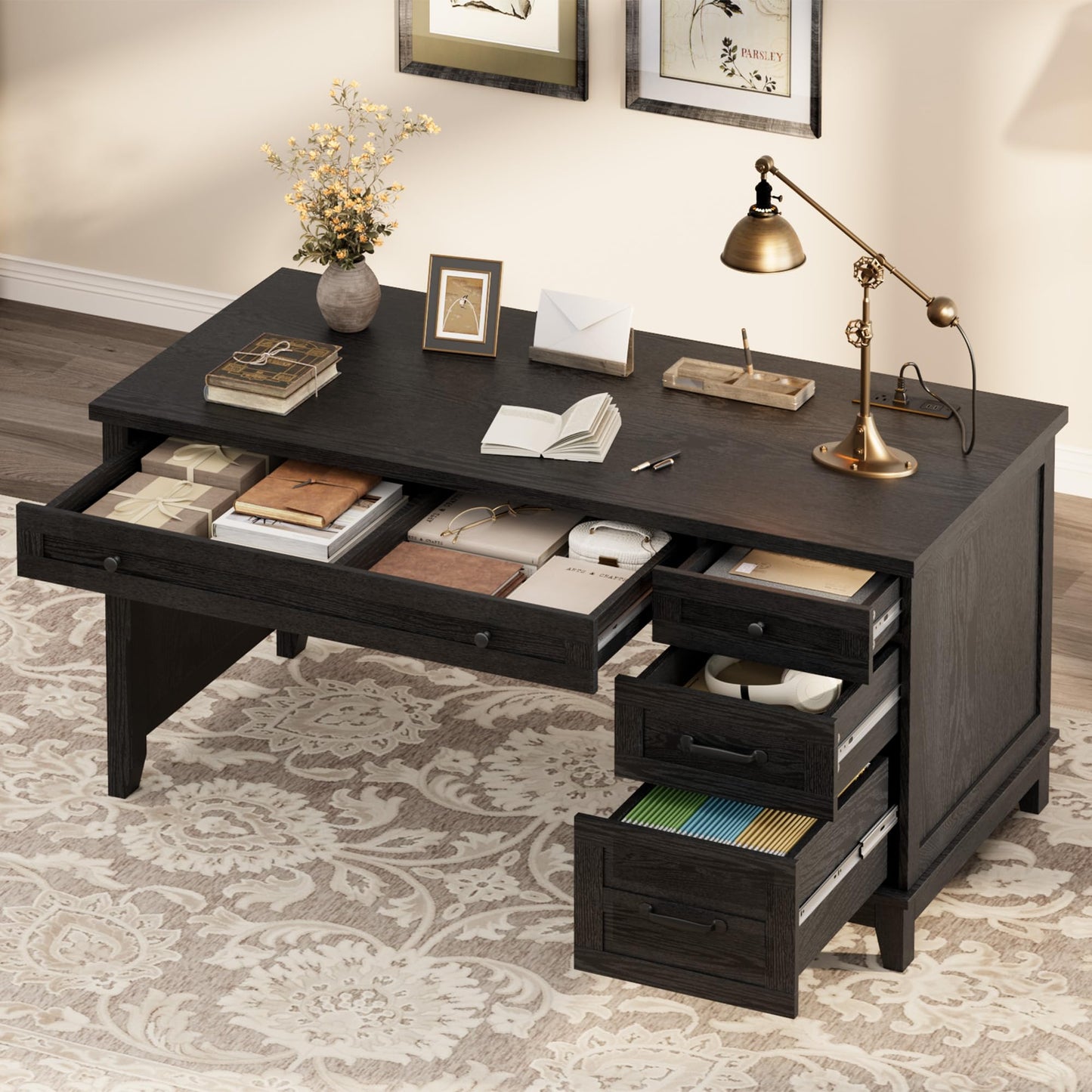 GarveeHome Farmhouse Executive Desk with Drawers, 53.54 in Home Office Desk with Charging Station, Wooden Computer Desk with File Cabinet Storage for Work Study Writing, Rustic Black