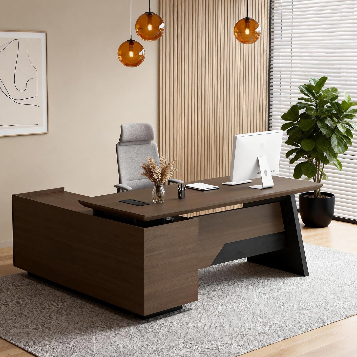 SAINTCY L Shaped Executive Office Desk with Power Hub, Large Office Desk with Storage Cabinet & Printer Station, 35.4" Deep Home Office Desk Workstation, 70.9" or 78.7" Workstation (Right)
