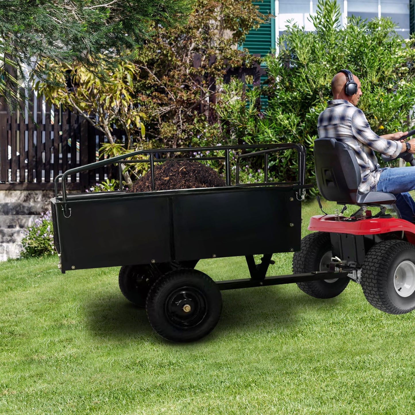 Garvee 750 LBS Garden Cart, 15 cu ft Heavy Duty Steel Dump Cart ATV Trailer with Removable Sides, Hand Pull or Foot Pedal Utility Trailer for ATV, UTV, Lawn Mowers and Tractors