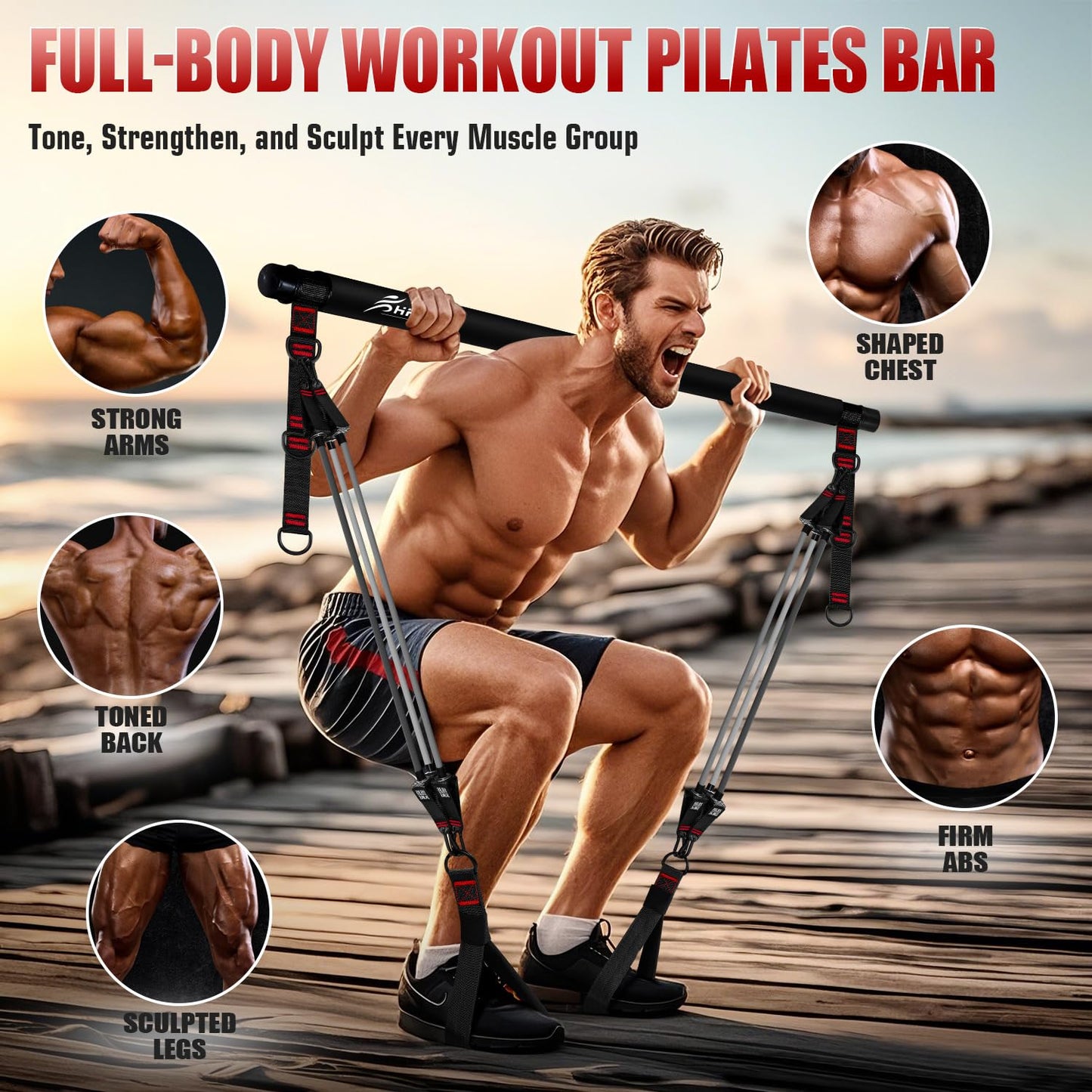 HPYGN Pilates Bar Kit with Resistance Bands, Heavy Duty Multifunctional Pilates Workout Equipment for Strength Training, HIP, Back, Arms, Ab, Shoulders, Portable Home Gym & Travel Fitness Gear for Men