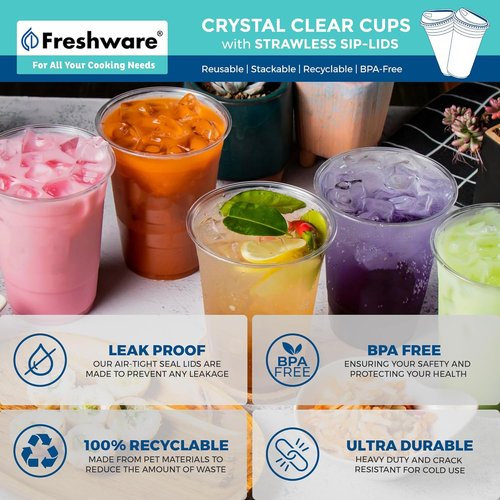 Freshware 24 oz Clear Disposable Plastic Cups - Heavy-Duty Tumblers with Strawless Sip Lids | 100 Pack for Parties