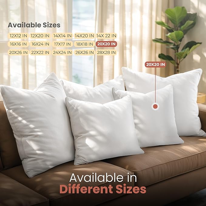 Utopia Bedding 20x20 Pillow Inserts, Set of 2, White – Indoor Decorative Throw Pillows for Bed, Sofa & Couch – Soft, Supportive & Fluffy Cushion Inserts
