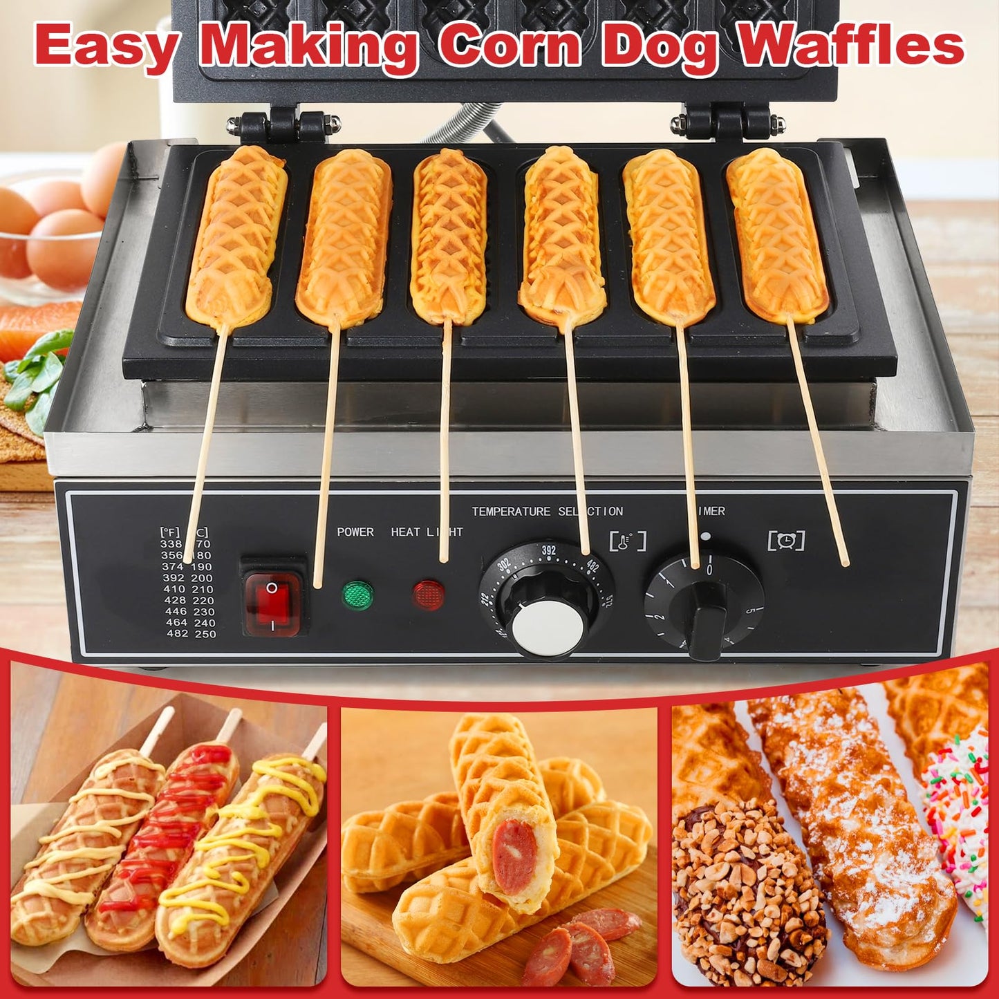 Hiteemer Corn Dog Maker - 1550W Commercial Waffle Stick Maker 6Pcs Non-stick Stainless Steel Corndog Maker Machine 572 ℉ Temperature and Timer for Restaurant Bakery Snack Hotel