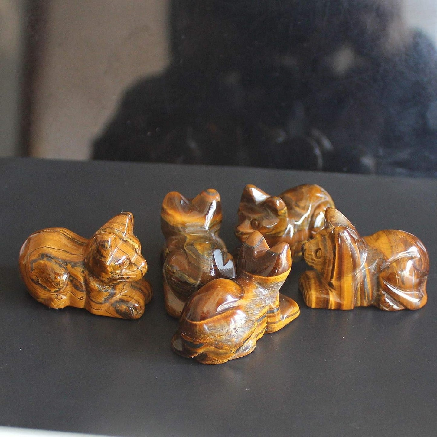 Skiennix 1.6'' Hand-Carved Mixed Gemstone Crystal Cat Figurine | Unique Iron Tiger Eye Design