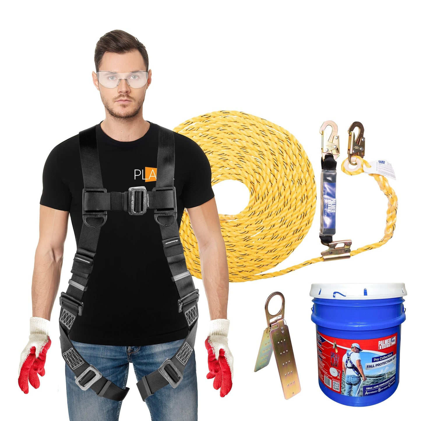 Palmer Safety Fall Protection Roofing Bucket Kit I Full-Body Harness, 50' Vertical Rope & Anchor Set I Construction Fall Arrest Kit for Roofers & Construction Workers I OSHA & ANSI Compliant Equipment
