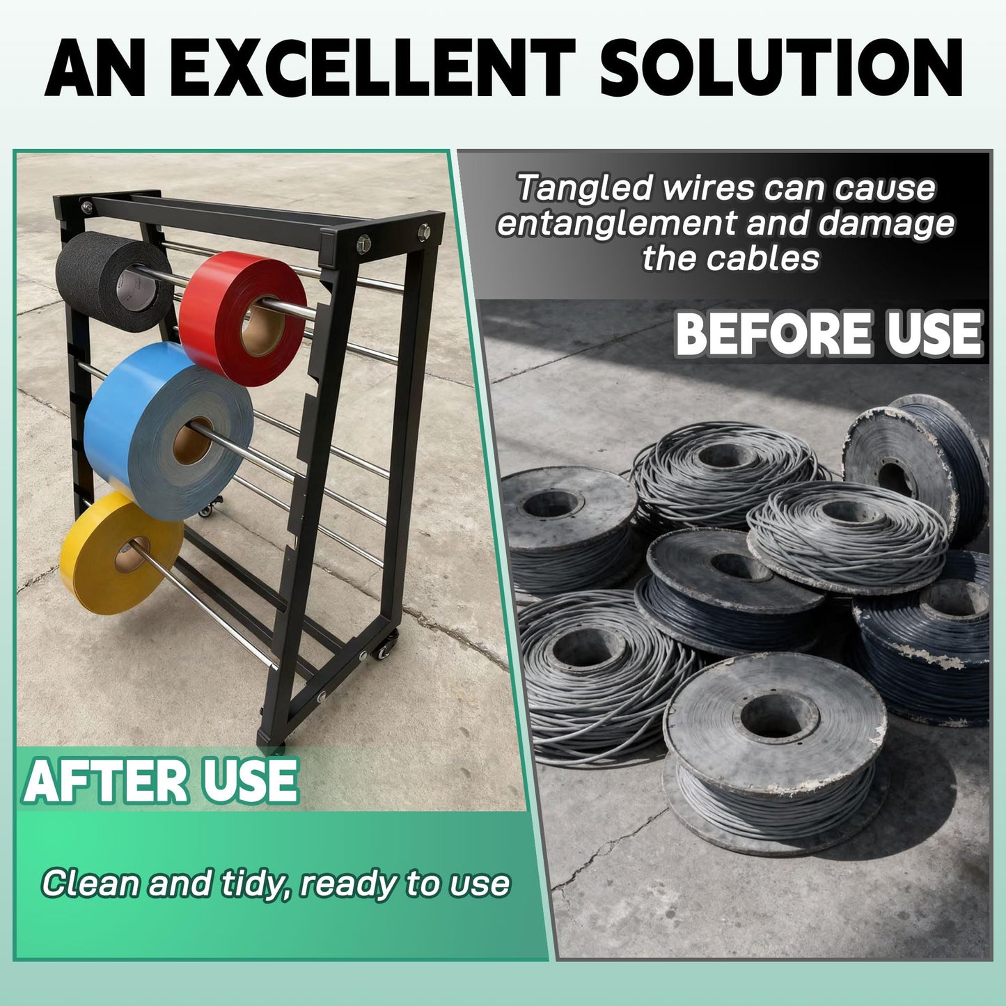 Ustinian Wire Spool Rack, Cable Organizer and Reel with Locking Wheels,Equipped with an adjustable spindle rod, For Electrical and Industrial Use, Holds up to 12 spool rods, 400 pound weight capacity