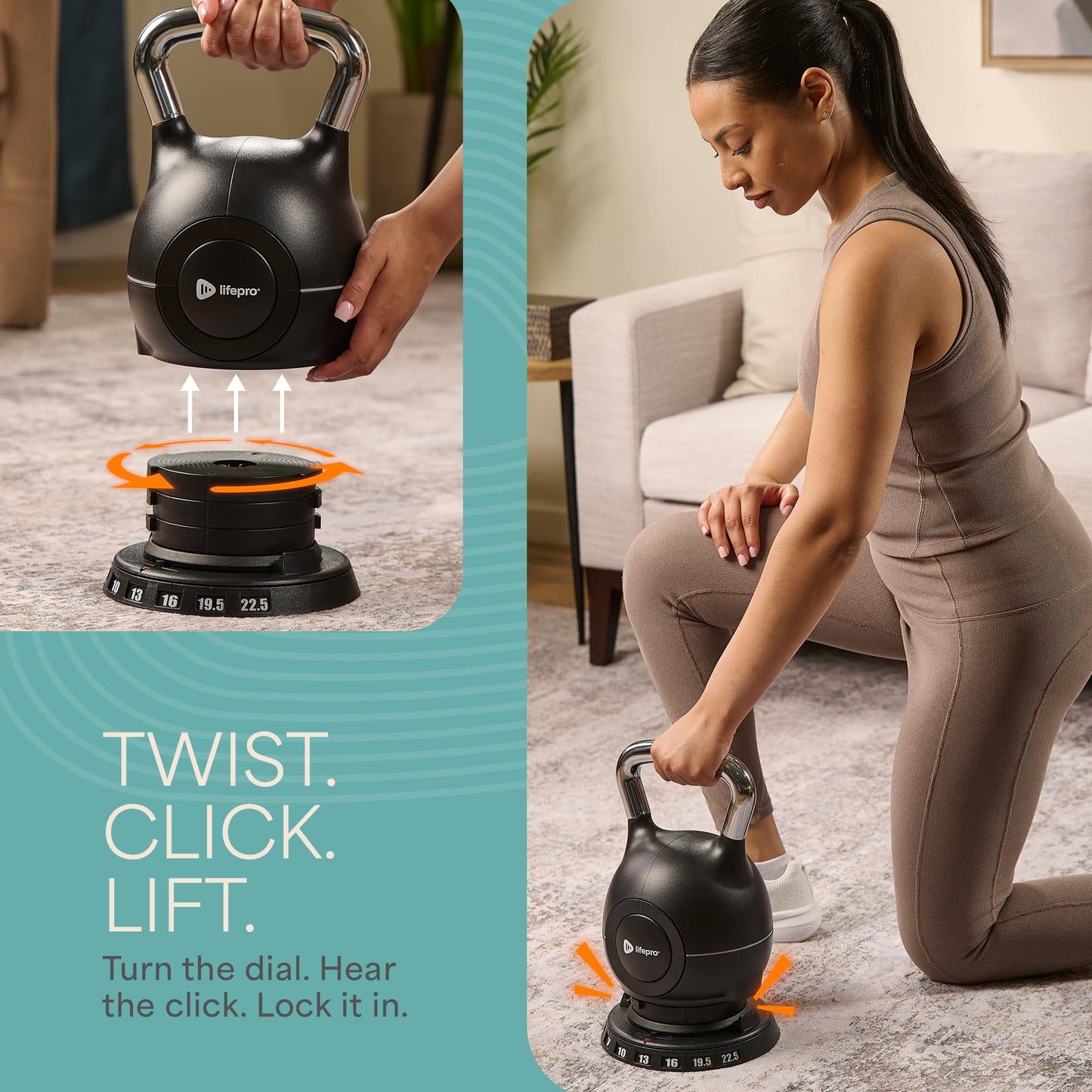LifePro 7-in-1 Adjustable Kettlebell, 3.5–22.5 LB – PowerStone, Die-Cast Aluminum & Steel, Space-Saving Set with Handle-Twist Adjustment – Strength Training Kettlebell with Storage Base