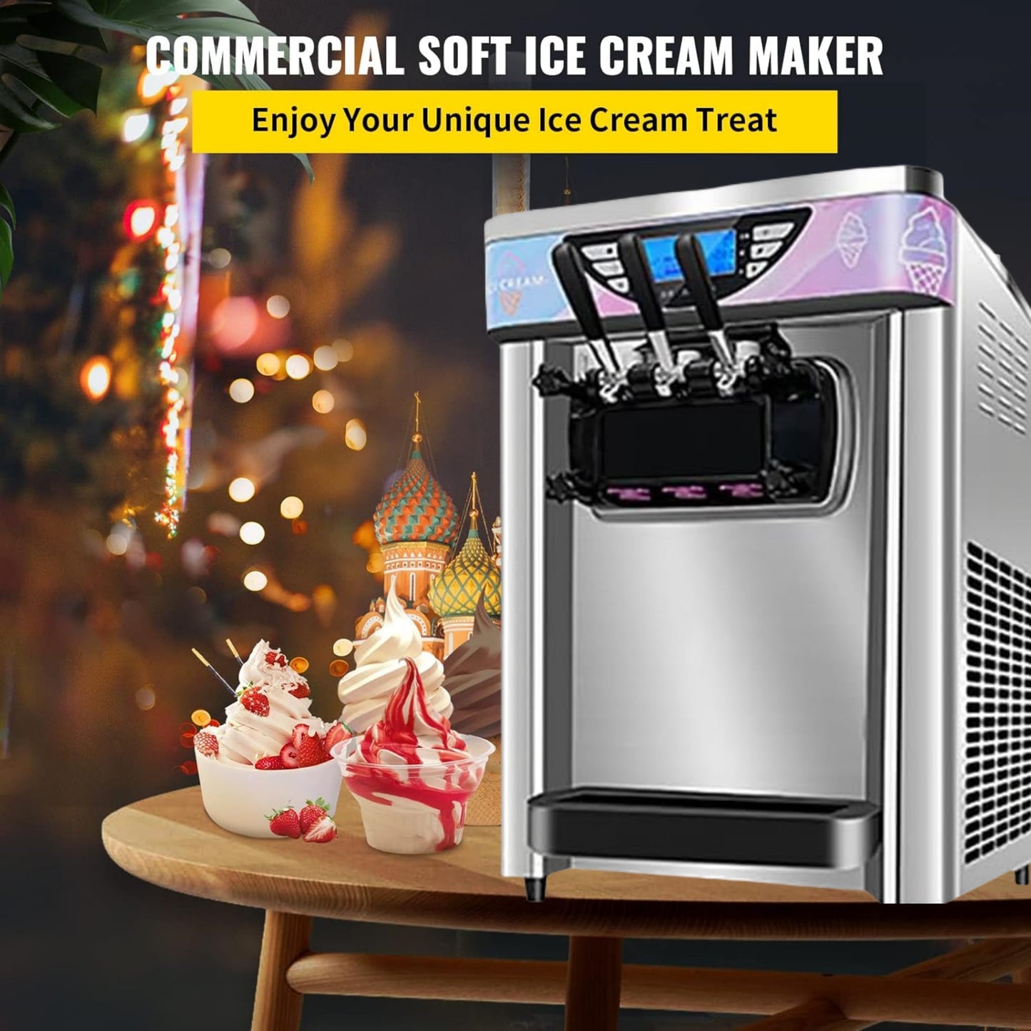 1800W Commercial Ice Cream Machine 2+1 Flavors, 5.8-7.9 Gal/Hr Soft Serve Ice Cream Maker with Auto Clean Function, LED Display, Easy Operation High Productivity for Restaurant Home Kitchen Snack