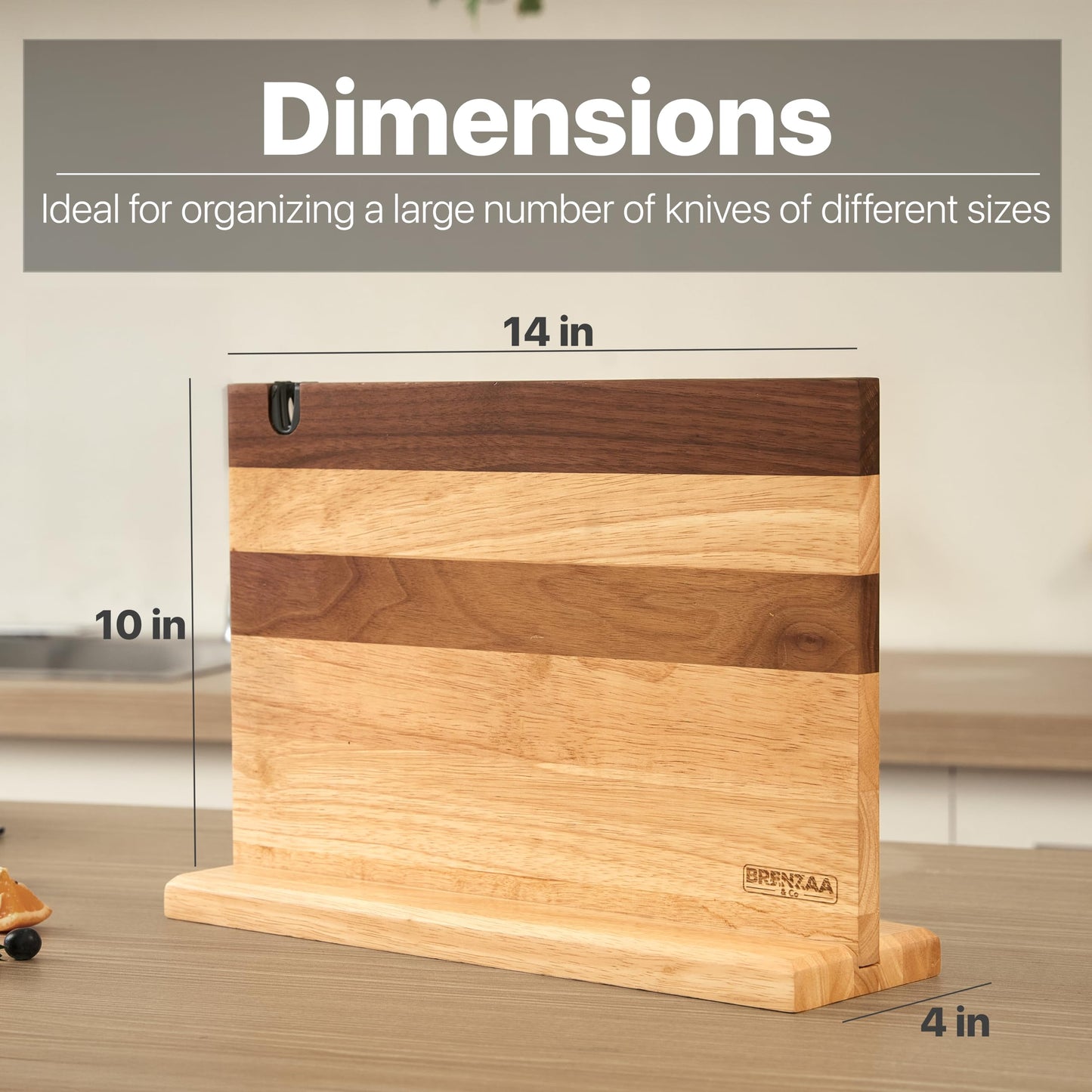 BRENZAA Magnetic Knife Block with Built-in Sharpener, 14 inch Double Sided Wood Knife Holder for Countertop, Universal Knife Stand without Knives (Rubberwood and Walnut Decor)