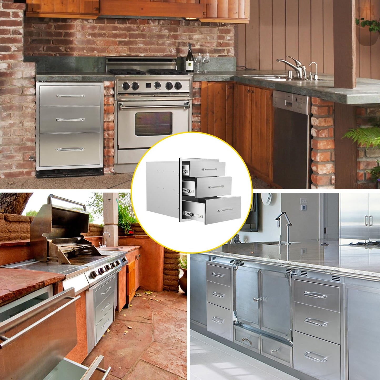 SGOLAN Outdoor Kitchen Drawers 18" W x 21" H x 23" D Flush Mount Triple BBQ Drawers with Chrome Handle Stainless Steel Drawer for Outdoor Kitchen Island, Patio Grill Station