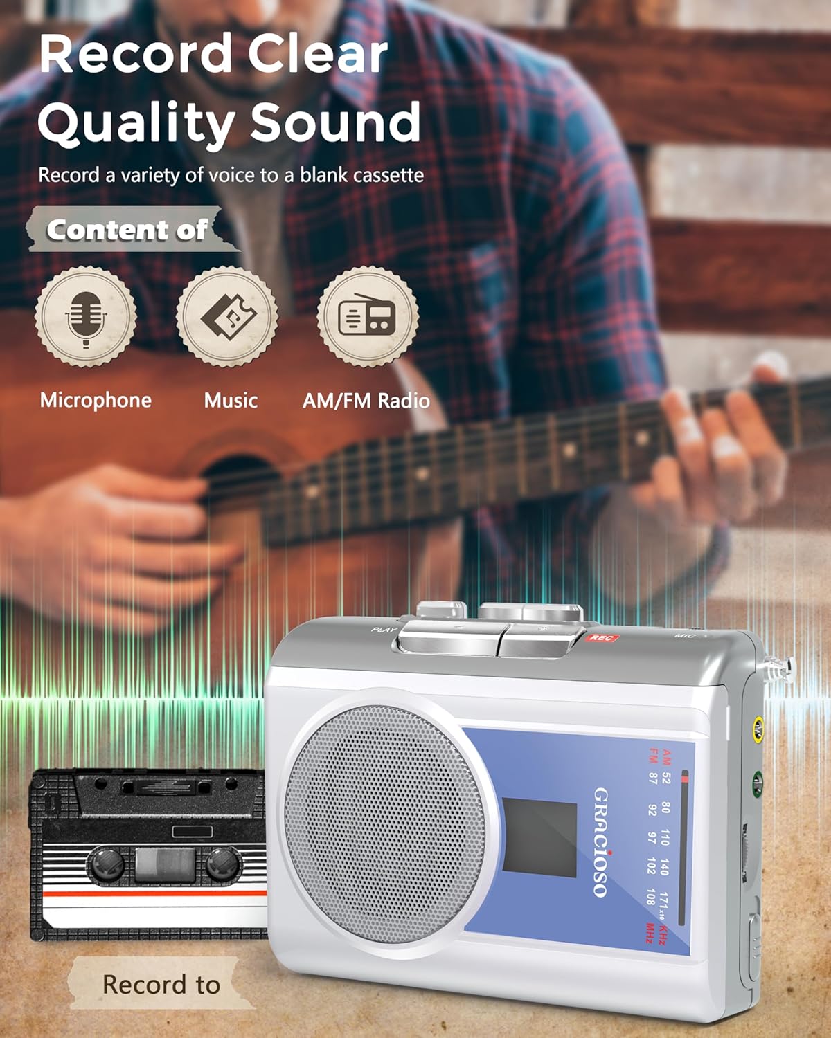 Cassette Cassette Microphone,Cassette Gracioso Protable Recorder Player: AM FM Compact Tape Player with Big Speaker