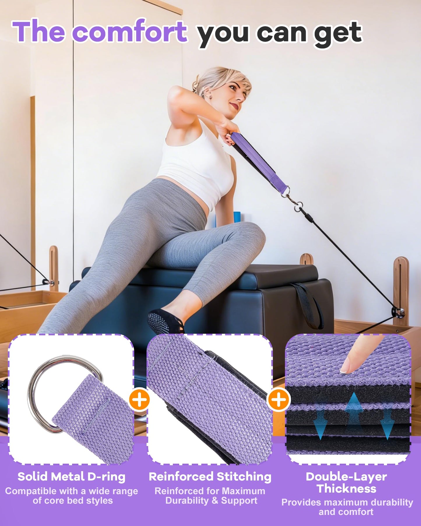 Wonderful Day 2PCS Pilates Straps for Reformer, Comfortable Enhanced Thickness, Fitness Pilates Double Loop Exercise Straps for Home Gym Workout(Purple)