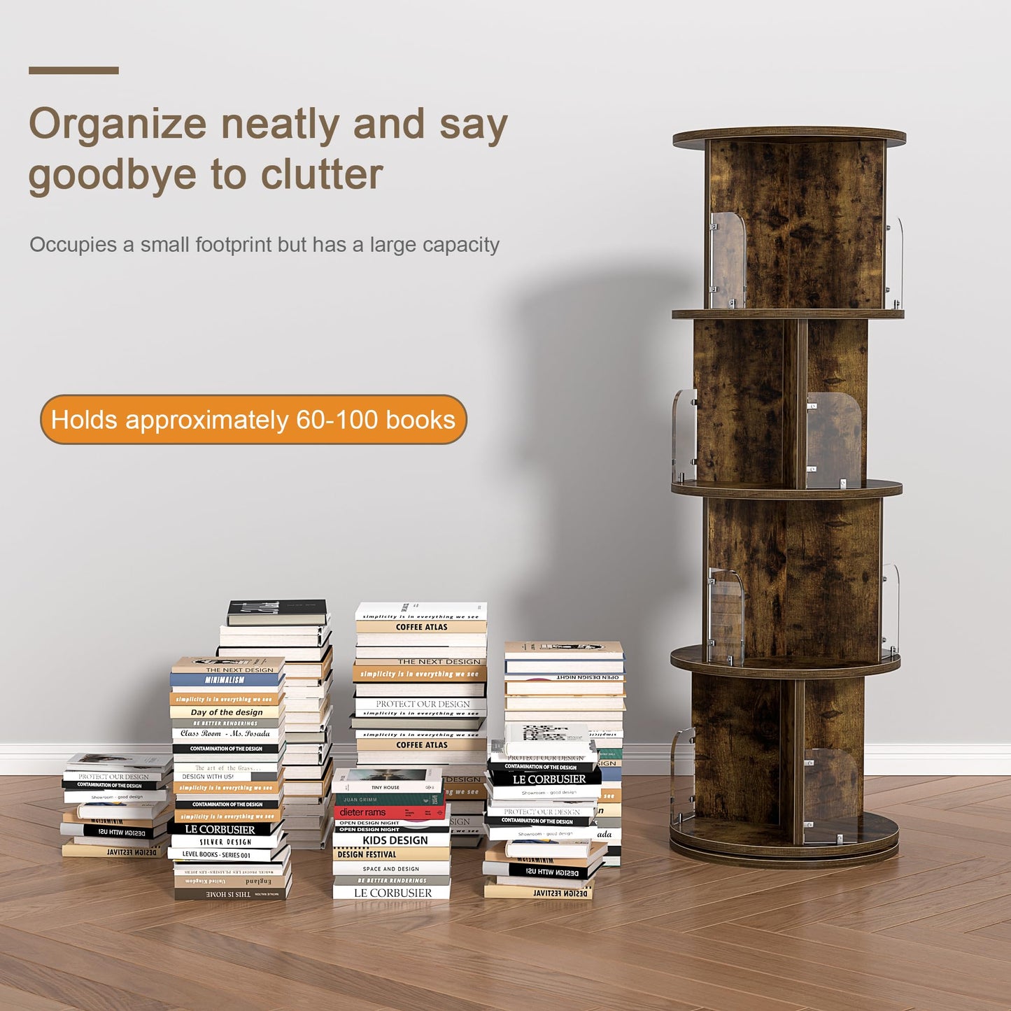 VECELO Rotating Bookshelf Tower, 360°Revolving Bookcase, Round Book Shelf Rotating, Stackable Storage Display Rack Floor Standing, Corner Bookshelf for Home Office, Deep Brown