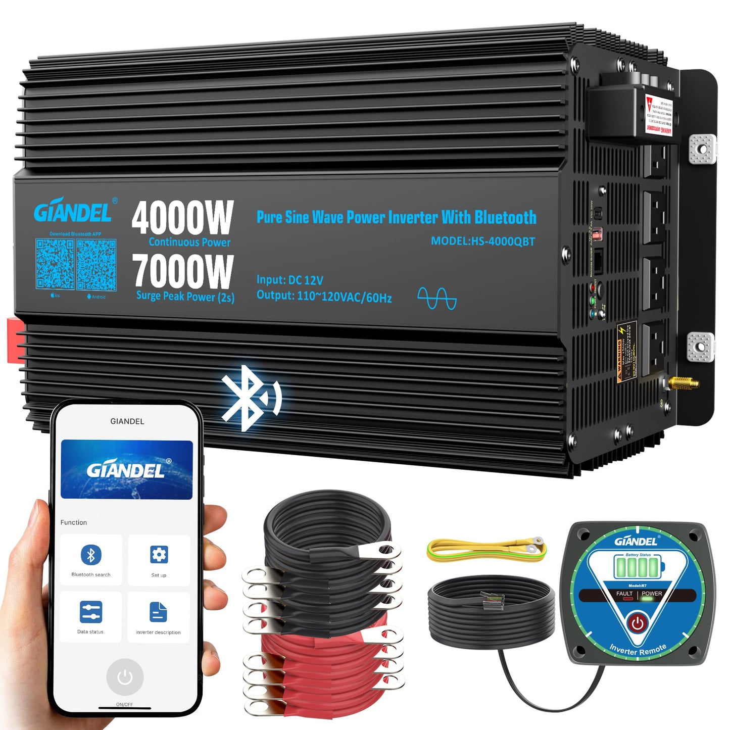 GIANDEL 4000W Pure Sine Wave Power Inverter 12V to 120V AC,7000W Surge,Compatible with All 12V Batteries,Bluetooth Control,30FT Wired Remote,FCC Approved for RV Campers Off-Grid Solar Systems