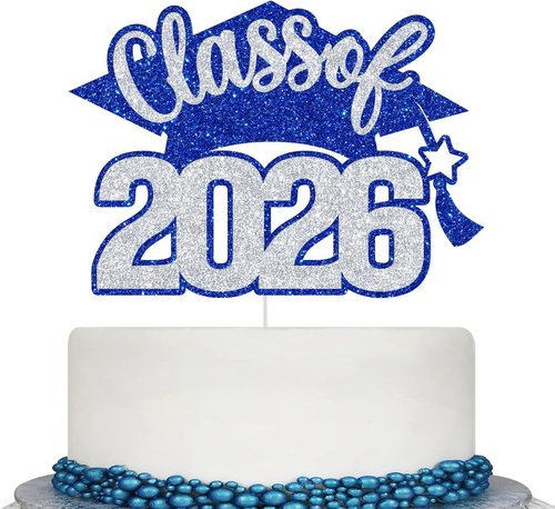 Class of 2026 Cake Topper - Graduation Party Decor | Blue & Silver Glitter High School/College