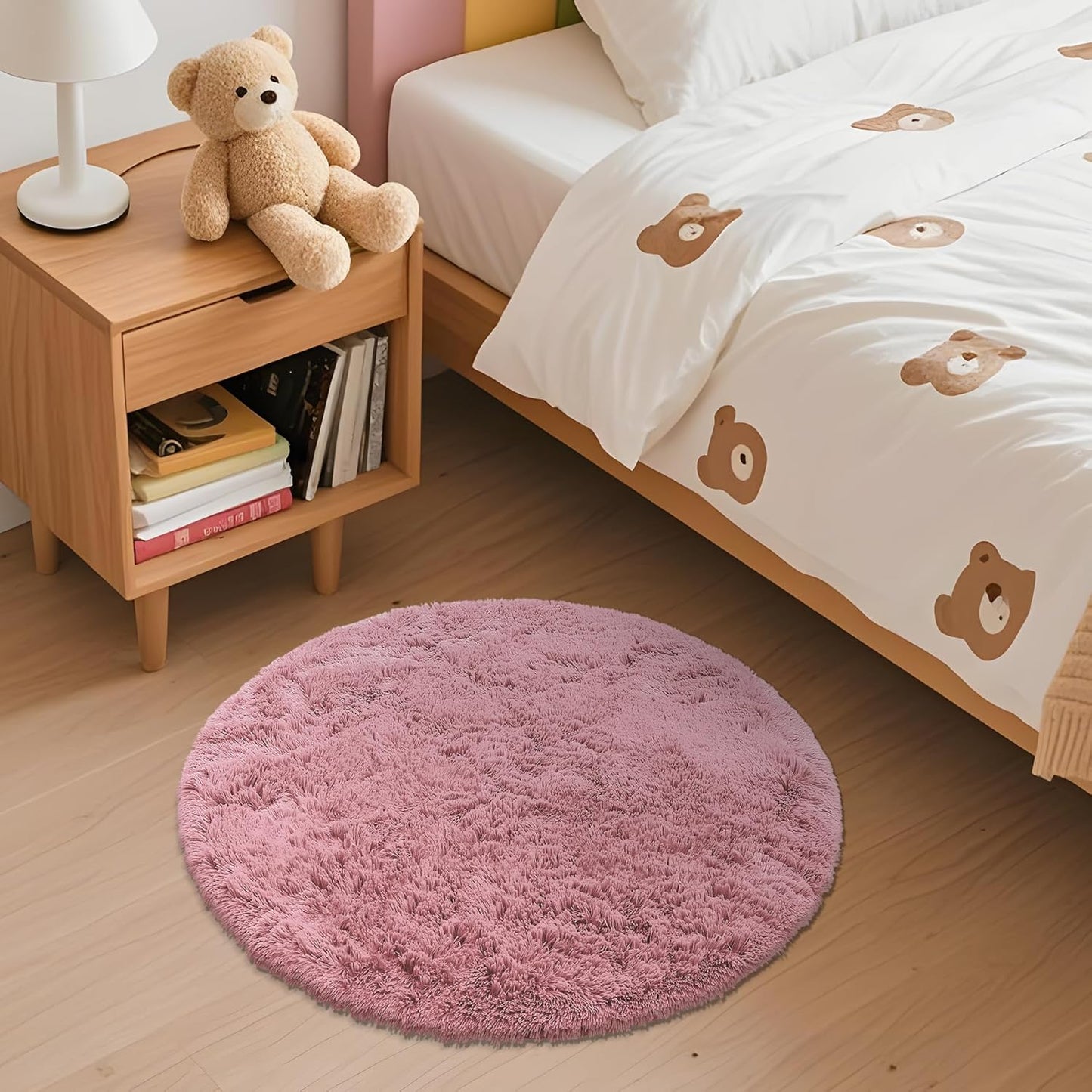 OLANLY Round Area Rug - Soft Pale Pink Shaggy Carpet, Machine Washable, 2 ft Circle for Bedroom & Nursery Decor