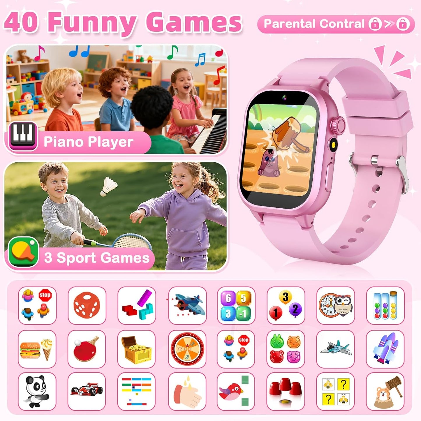 Dolwenqi 5-12, 40 5 6 7 8 9 10(Pink) Kids Smart Watch Girls Gift for Girl Aged Games HD TouchScreen Kids Watch