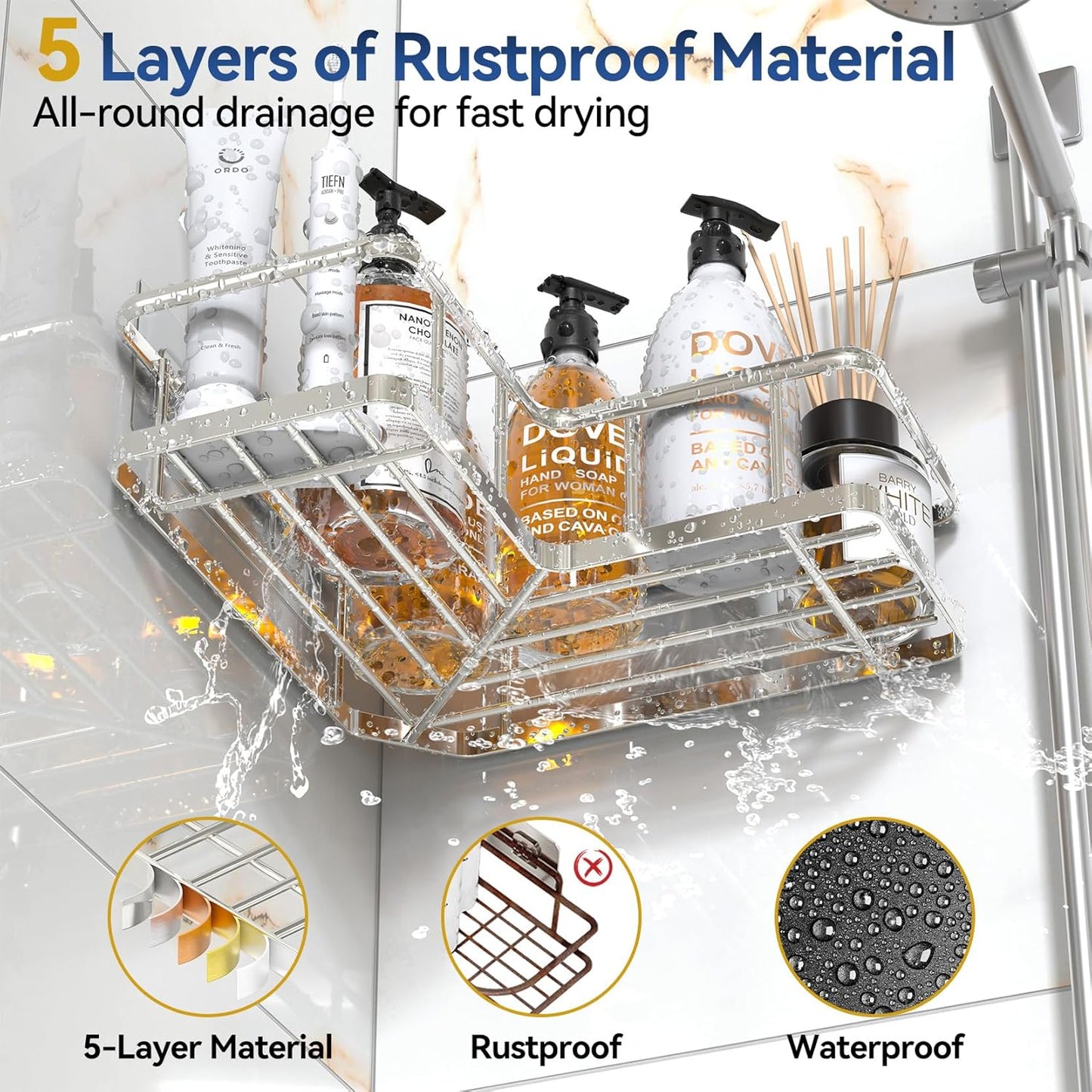 YASONIC Corner Shower Caddy Organizer - Rustproof Self-Adhesive Bath Shelves with Soap Holder & 4 Hooks | Large Capacity, Silver (3-Pack)