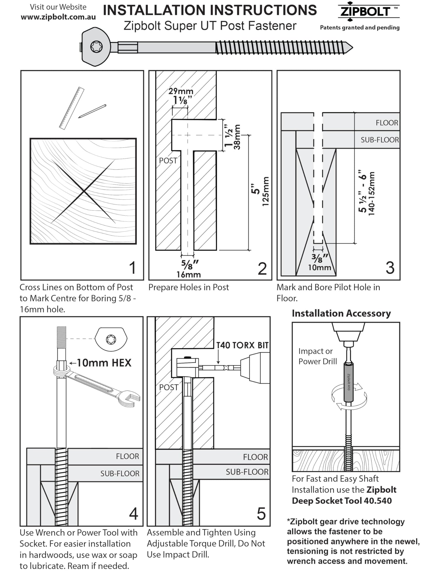 Zipbolt 14.110 Super UT Newel Post Fastener — Quick and Easy Wrench-Free Installation of Staircase Newel Posts, Anchors Post Directly to Wood or Concrete Floor