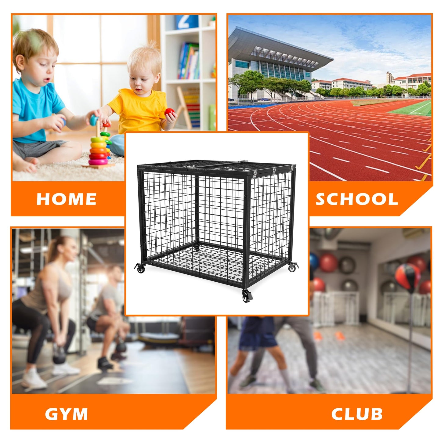 Ball Cart Garage Sports Equipment Organizer with Lockable Lid, Basketball Storage Bin for Indoor Outdoor, Rolling Exercise Ball Cart Holder for Gym, School, Club