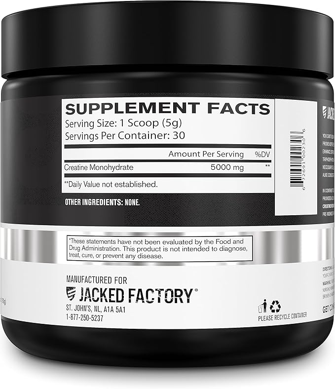 Jacked Factory Creatine Monohydrate Powder 150g - 5g Daily Creatine Supplement for Men and Women, Vegan-Friendly, Third-Party Tested - 30 Servings, Unflavored