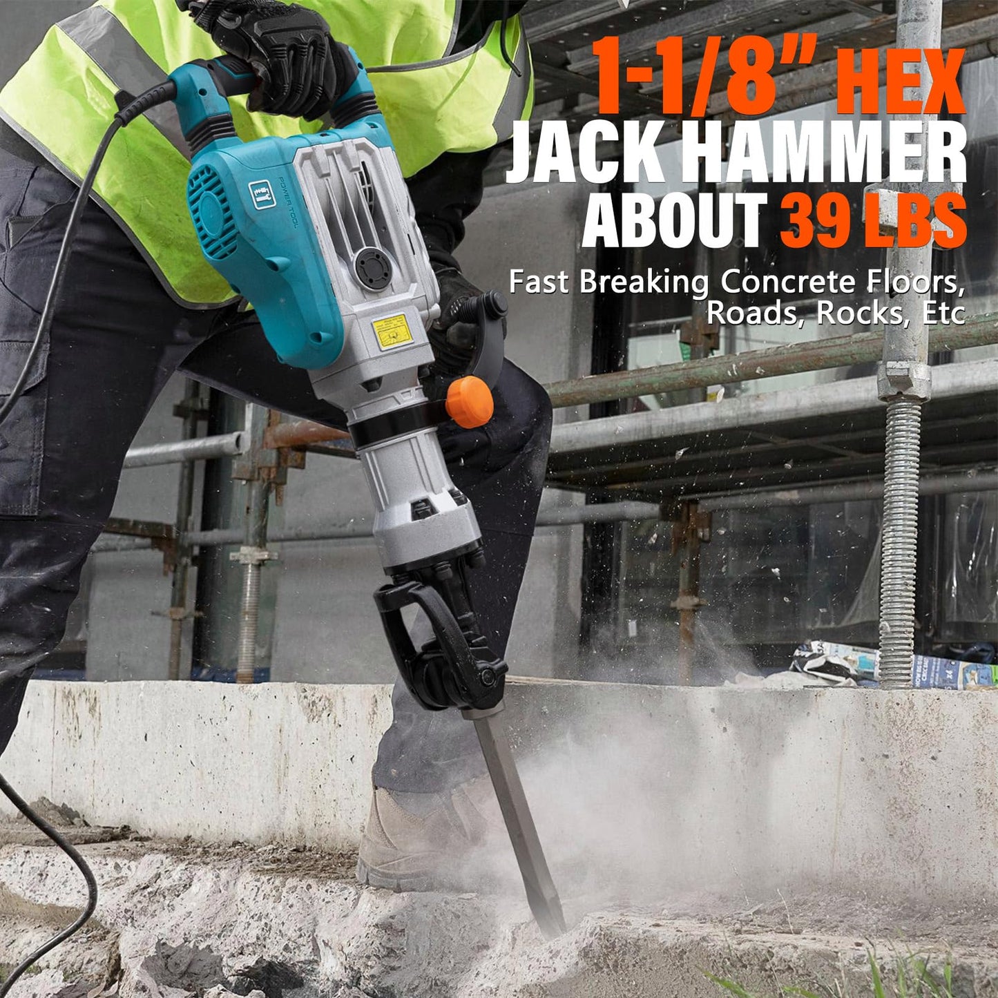 Berserker 40-Pound 1-1/8" Hex Shank Demolition Jack Hammer, 1700W 14.5-Amp Heavy Duty Concrete/Pavement Breaker with Carrying Case Flat Chisel & 2 Bull Point Chisel