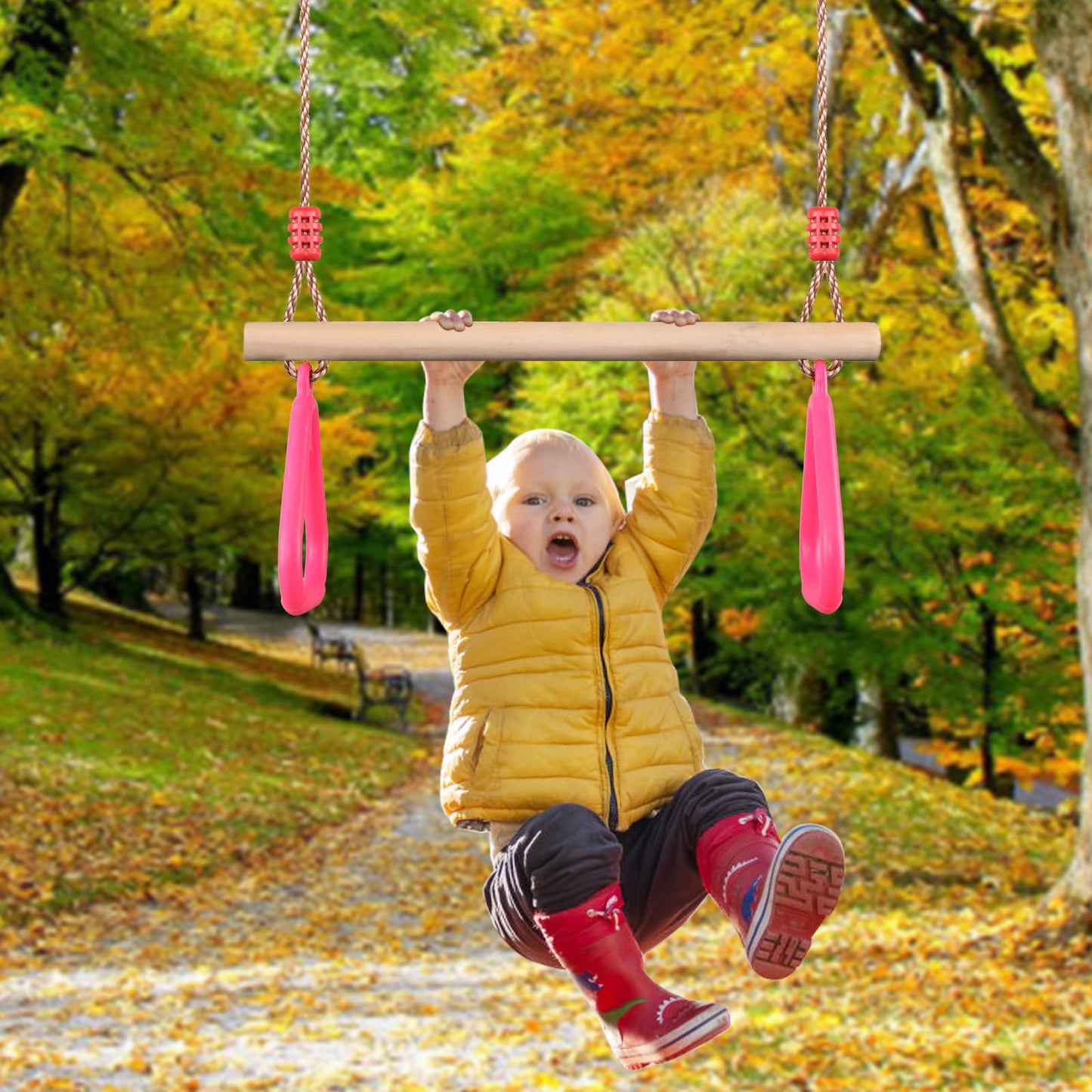 PELLOR Trapeze Bar Gym Rings -Trapeze Swing Bar for Playground Accessories Monkey Bars with Adjustable Rope Kit Equipment for Children Adult