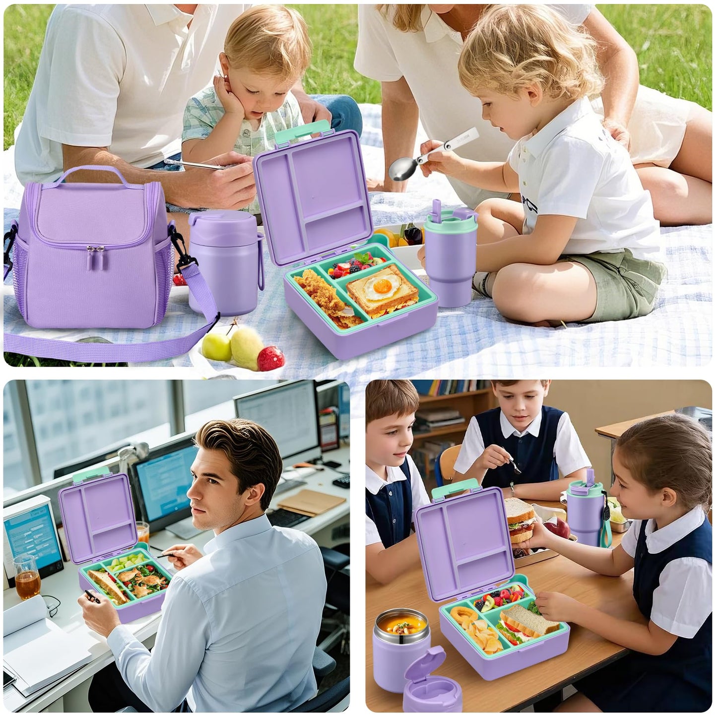 Bento Lunch Box for Kids with 17oz Soup Thermo,Insulated Tumbler Water Bottle and Insulated Lunch Bag,Leak-Proof 3 Compartment Lunch Food Container with Ice Pack for Kids to School-Purple