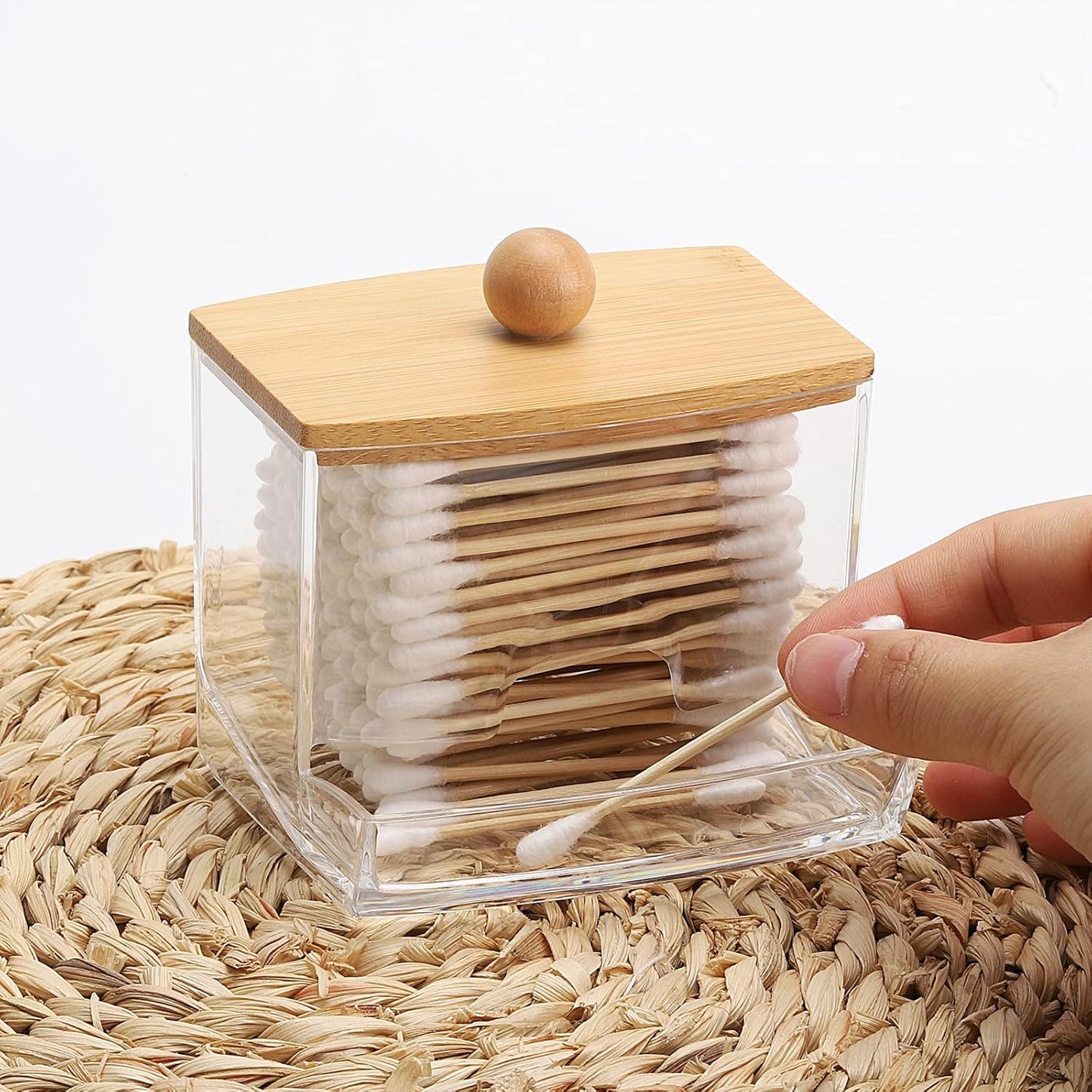 Tbestmax Qtip Holder Dispenser - 10oz Clear Bathroom Organizer with Bamboo Lids for Cotton Swabs & Accessories