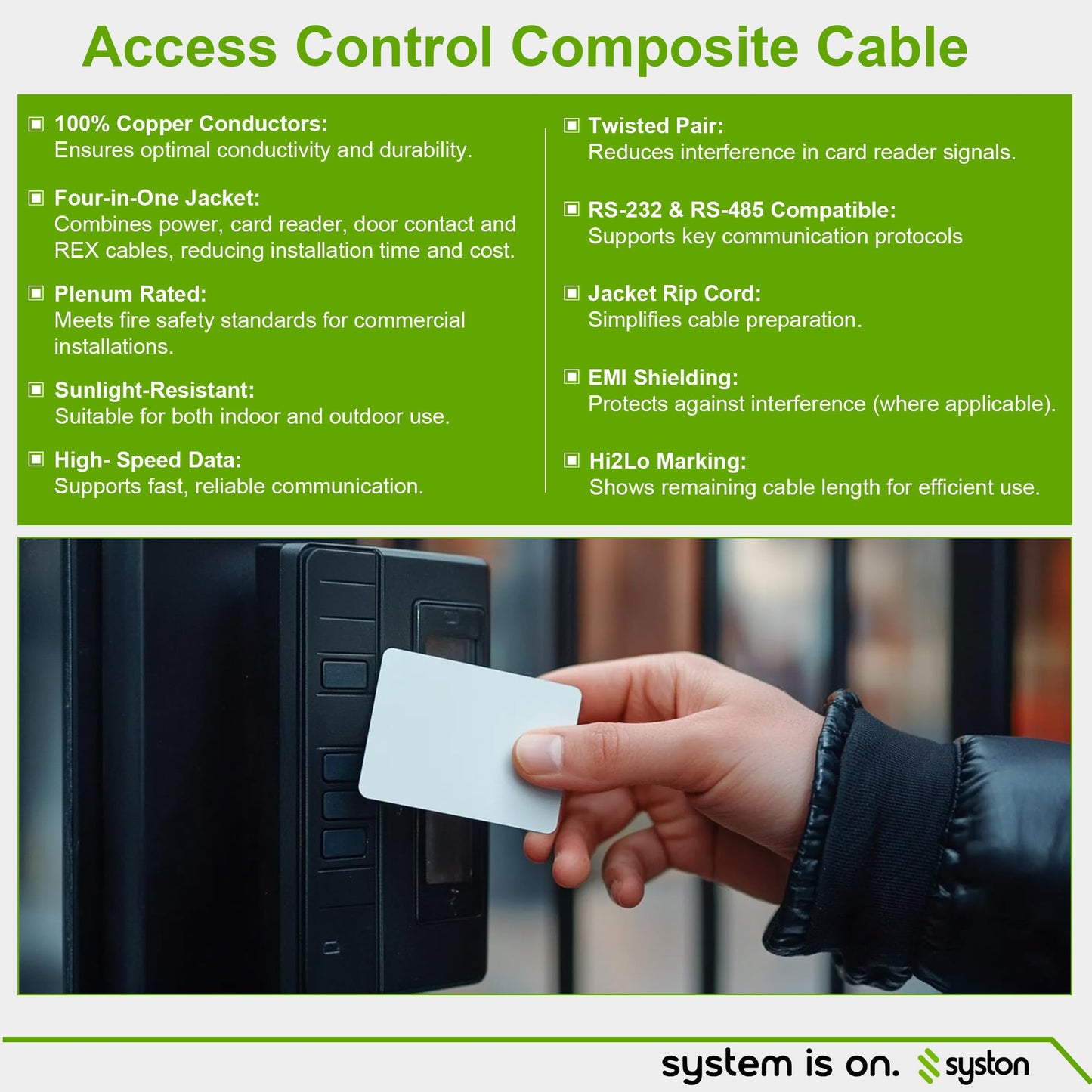 SYSTON Access Control Composite Cable - 18/4c OAS + 22/3pr OAS + 22/2c OAS + 22/4c OAS, CMP/CL3P Stranded Copper, OSDP & Wiegand Compatible for Lock Power, Card Reader for Noise-Sensitive Applications