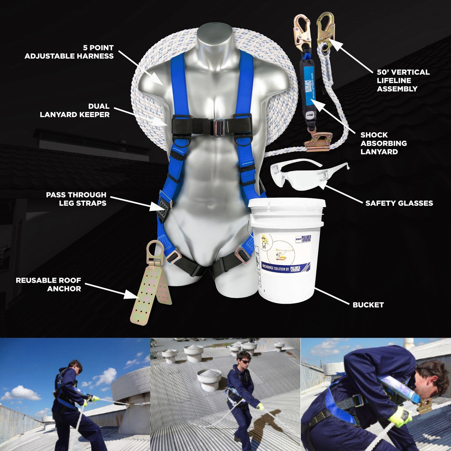 Palmer Safety Fall Protection Roofing Bucket Kit I Full-Body Harness, 50' Vertical Rope & Anchor Set I Construction Fall Arrest Kit for Roofers & Construction Workers I OSHA & ANSI Compliant Equipment