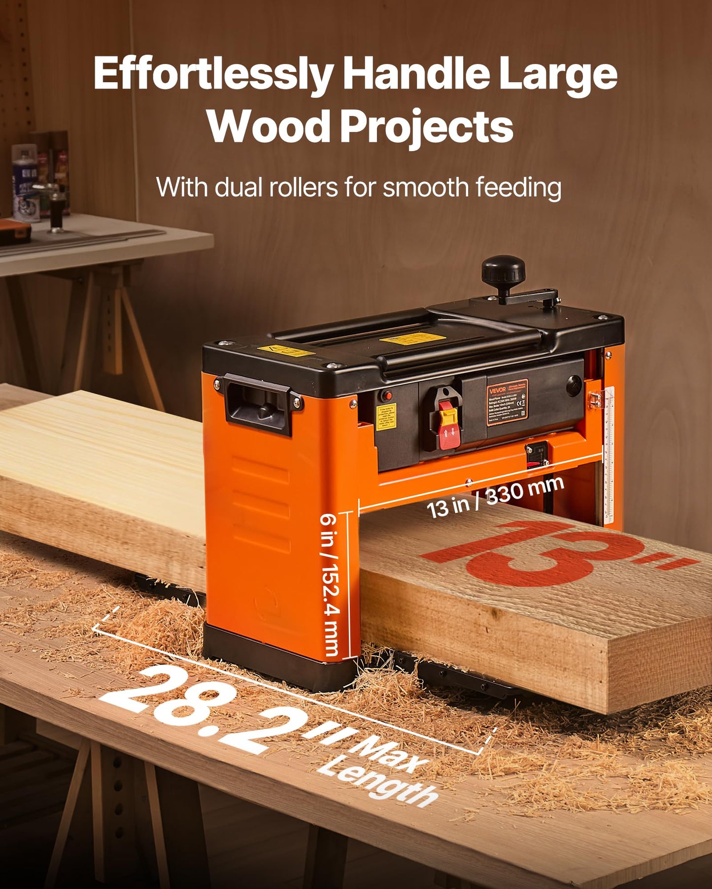 VEVOR 13-Inch Spiral Thickness Planer, Woodworking Power Benchtop Planer, with 2000W 23500 RPM Powerful Motor, Single Speed, for Hard & Soft Wood Material