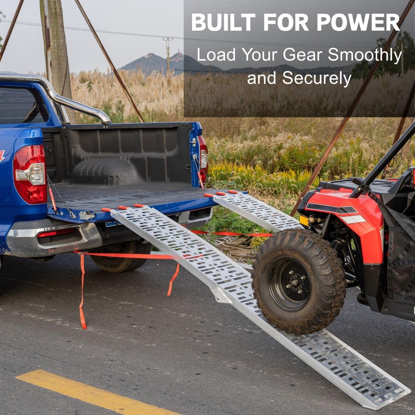 VENDAV Aluminum Motorcycle Ramp for Pickup Trucks, 7.5 ft Folding Dirt Bike Loading Ramp, Punched Plate Surface, 750 lb Capacity, Rubber-Tipped Fingers, Strap Included, 89 x 12 in, 1 Pc
