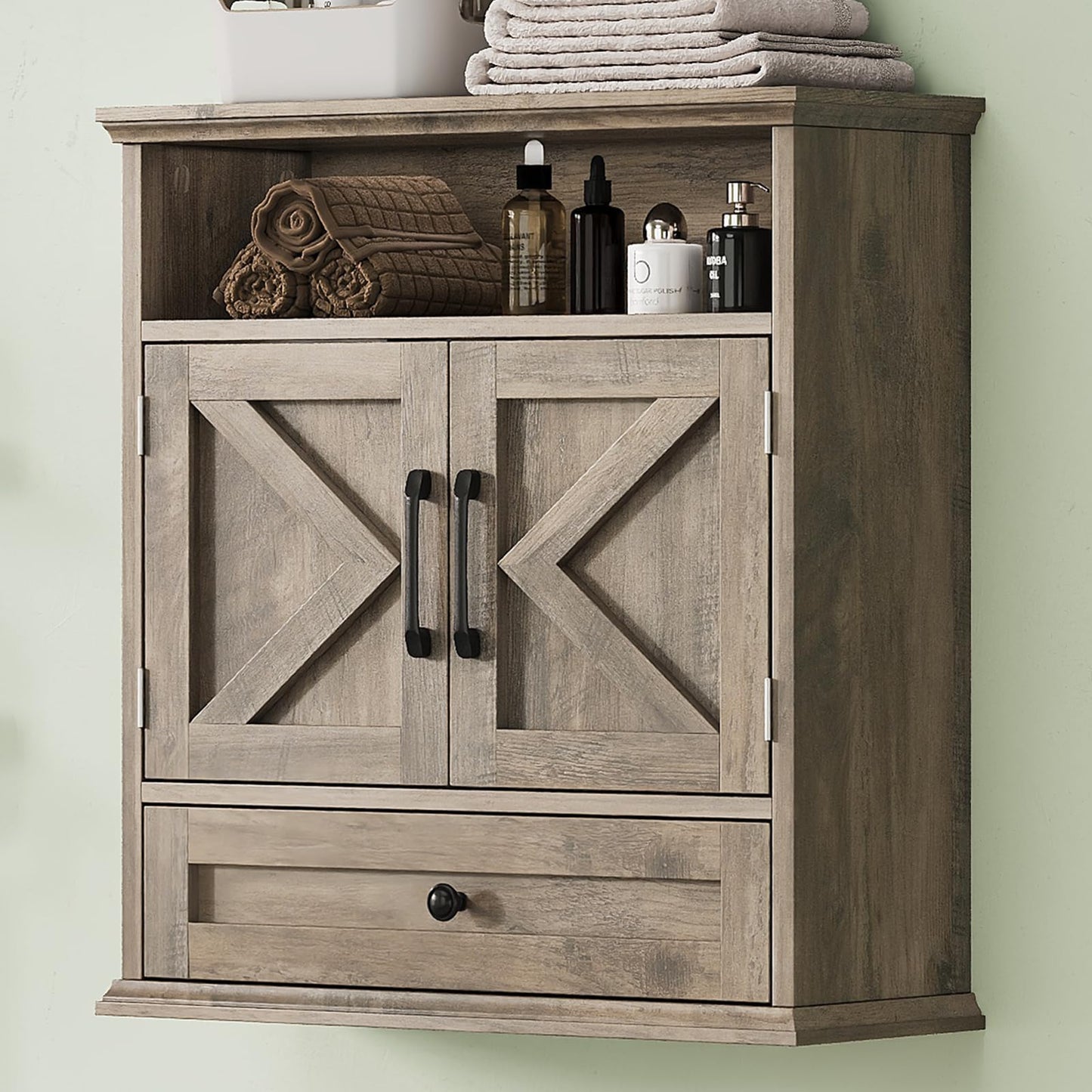 Bathroom Wall Cabinet, Wall Mounted Medicine Cabinet with Drawer, Barn Door & Adjustable Shelf, 24.4"H x 23.6"W x 9"D Grey Over Toilet Farmhouse Storage Cabinet for Kitchen, Laundry, Entryway