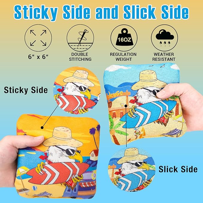 EunHo Cornhole Bags Regulation Dual Sided Set of 8, Professional Cornhole Bean Bags Slick & Sticky Side Bags with Carry Bag