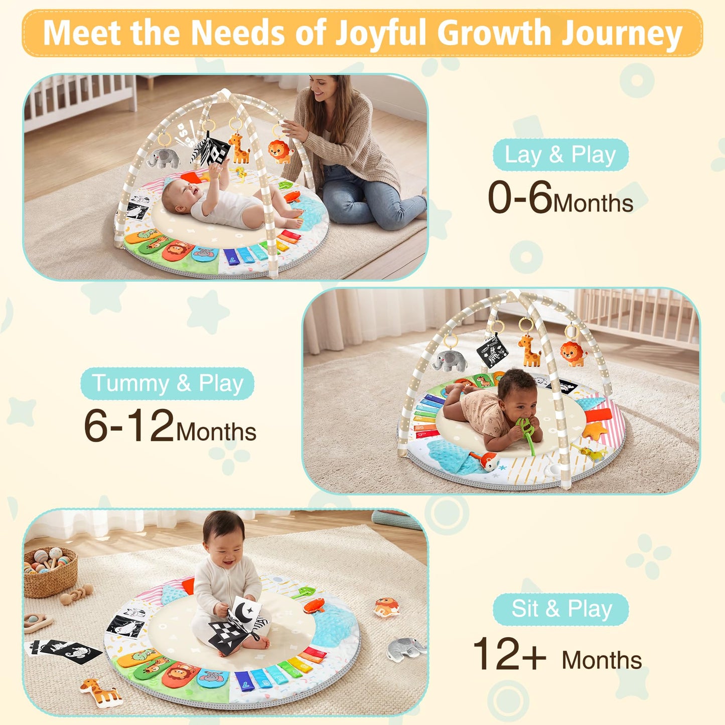 URMYWO Tummy Time Mat - Comfortable Baby Floor Play Mat Activity Gym for 0-3-6-18 Months, 6 Developmental Zones with 5 Detachable Toys for Motor Skills Sensory Development, Baby Essentials Shower Gift