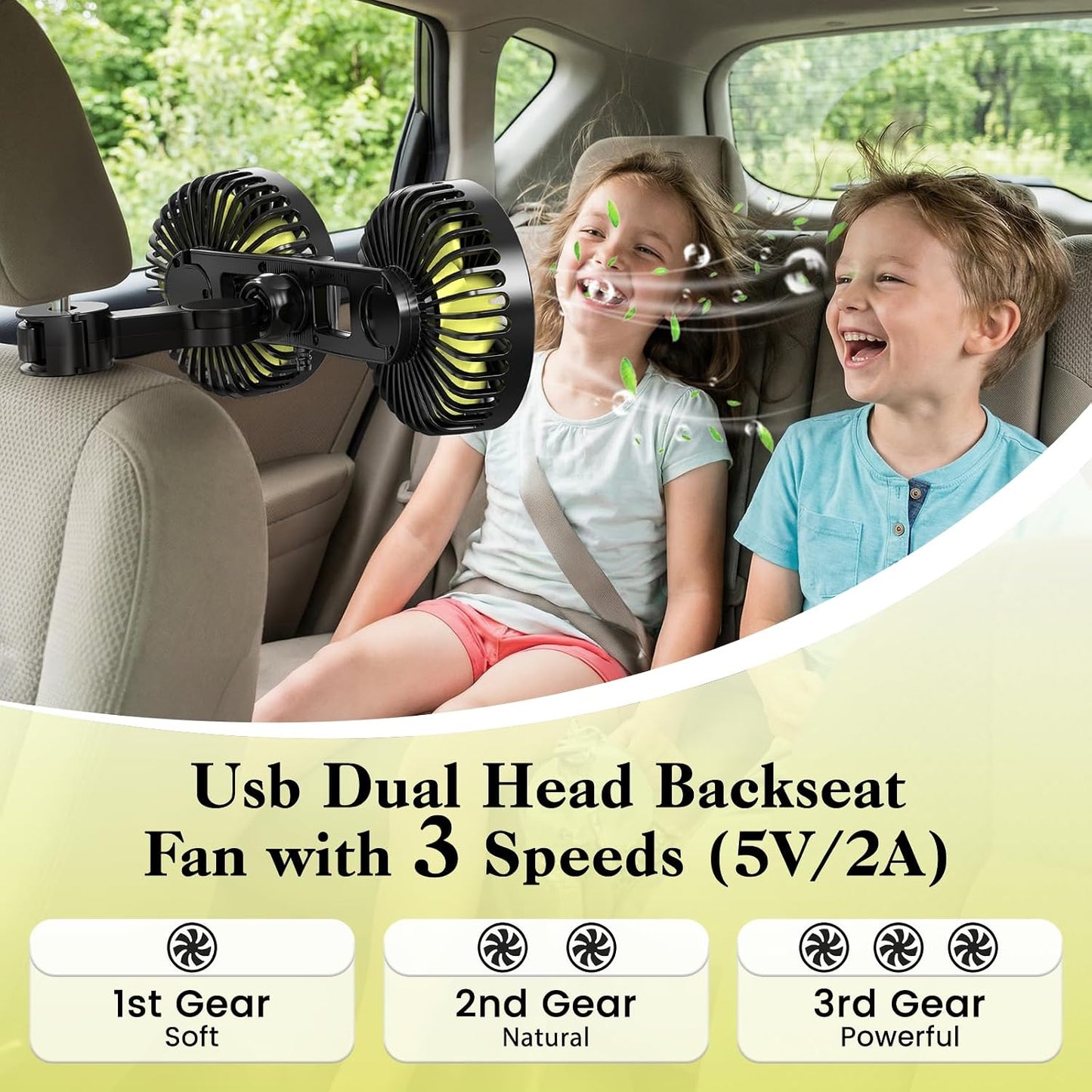 Dual Backseat Car Fan - Kid-Friendly Airflow Solution for Rear Seats